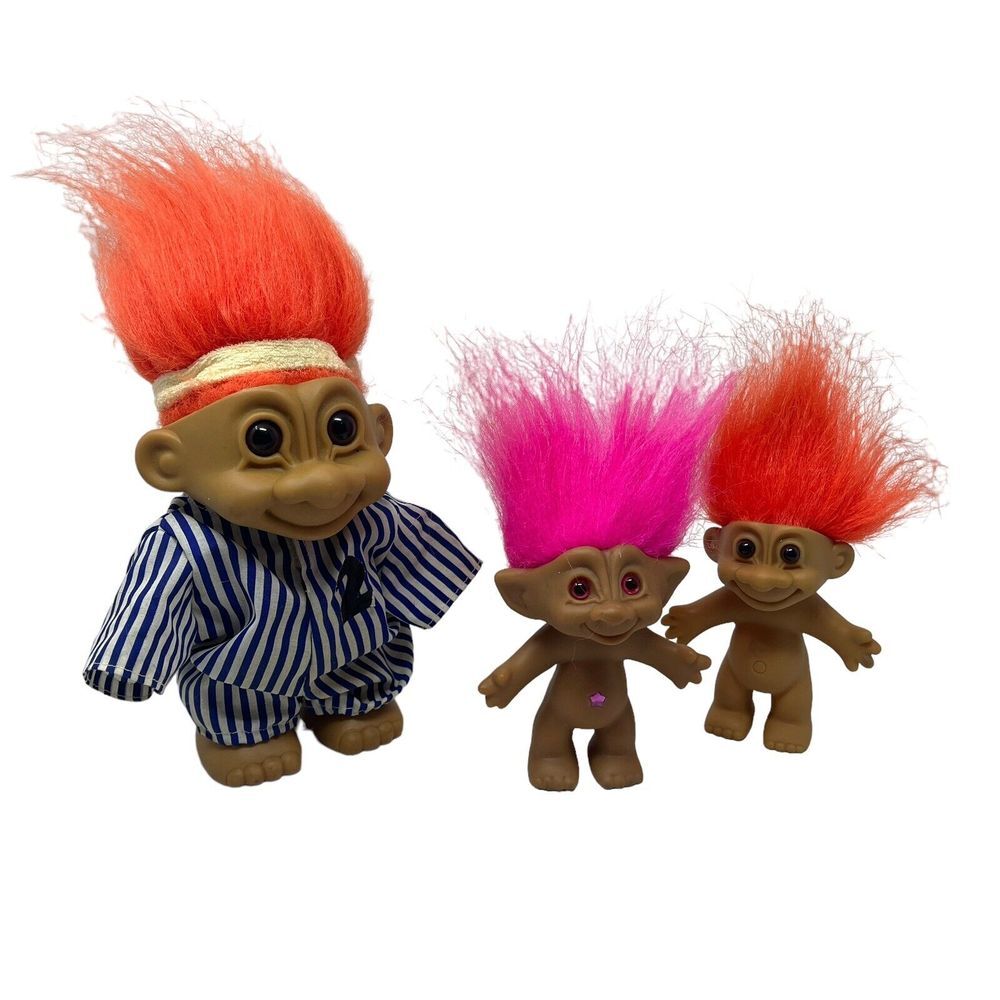 3 Vintage 90s Pink Orange Hair Troll Doll with Gems 5" 8" Doll Ace Russ Novelty‎